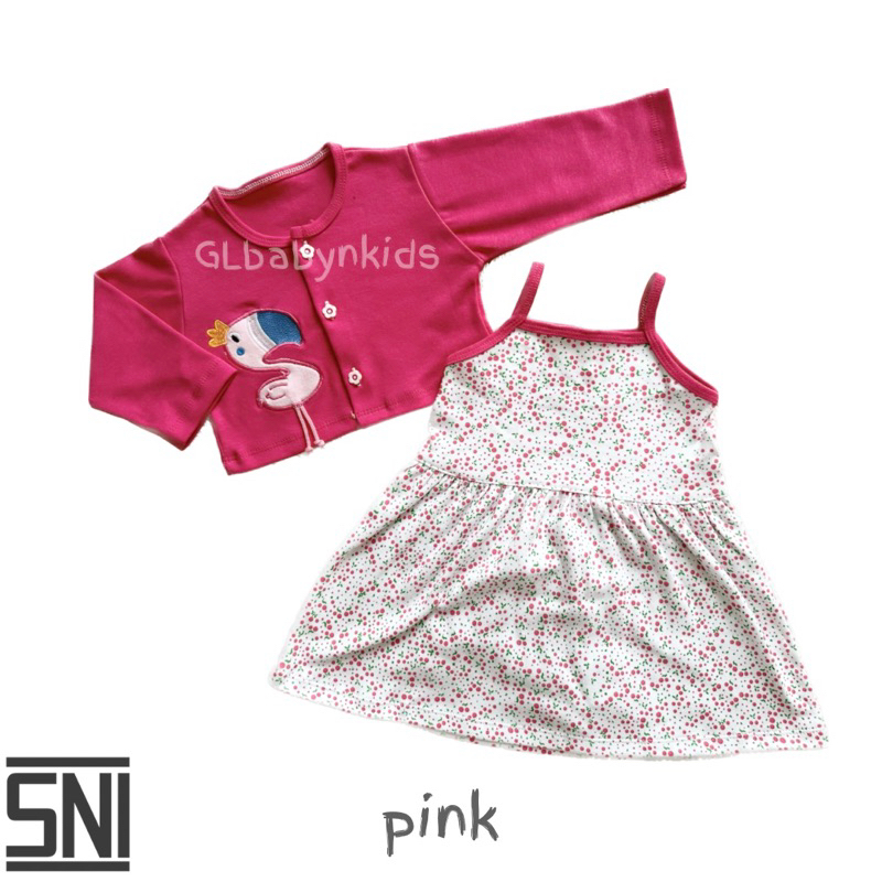 Dress 2in1: Dress Tanktop Bayi &amp; Cardigan Bordir Flamingo All Size 6-12 Bulan Katun SNI