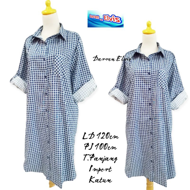 Long Tunik Wanita Kotak Biru Polos