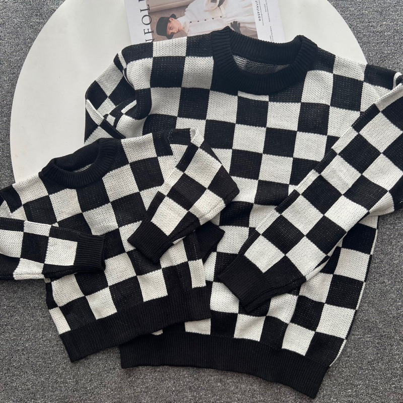 chessboard knit sweater couple mom and kids