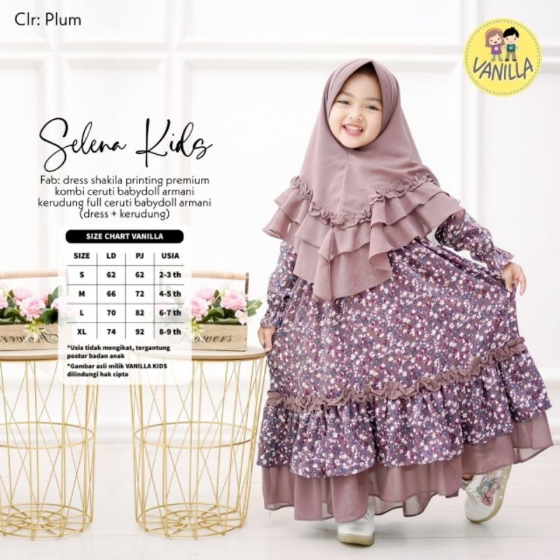SETELAN GAMIS ANAK INCLOUD JILBAB UNTUK USIA 2-9 TAHUN SIZE CHART ADA DI GAMBAR SELANA KIDS  ORIGINA