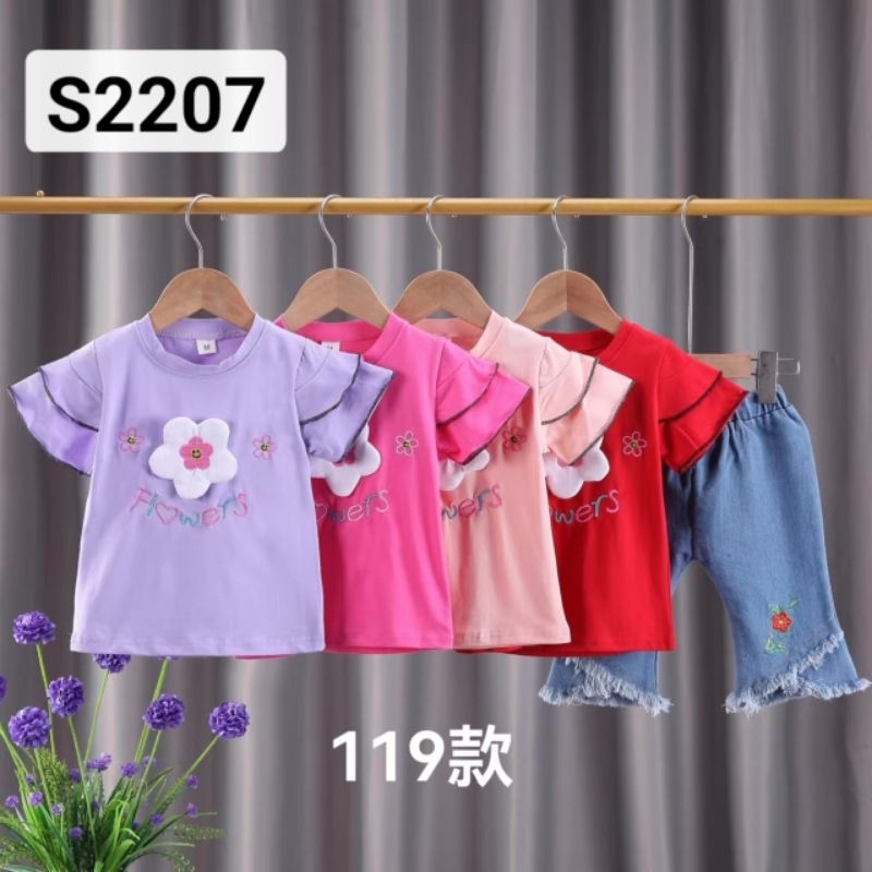 1-4 Tahun setelan Jeans Anak termurah Set Kaos Ruffle dan Celana Jeans Import Setelan anak perempuan Import