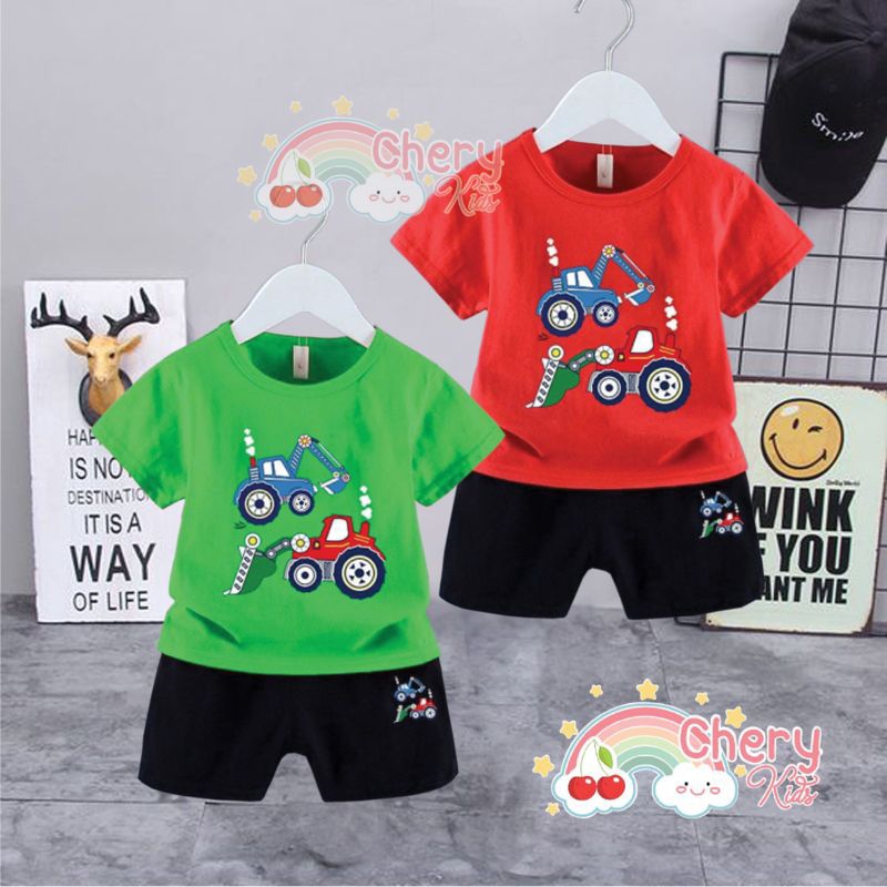 SETELAN BAJU ANAK GAMBAR BULL DOZER MARIO  / SETELAN ANAK COWOK LAKI-LAKI USIA 0-4 TAHUN