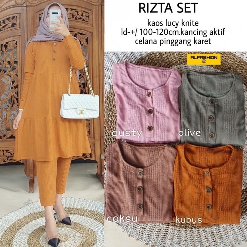 Rizta Set dusty pink olive coklat kubus setelan celana tunik cewek bahan Kaos knite big size besar