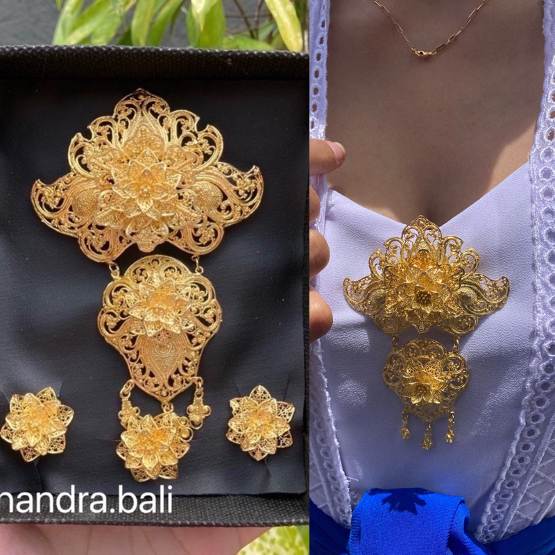 Set Bros Luna Motif Kendari Alpaka Lapis Emas Gold Imitasi Kebaya Bali