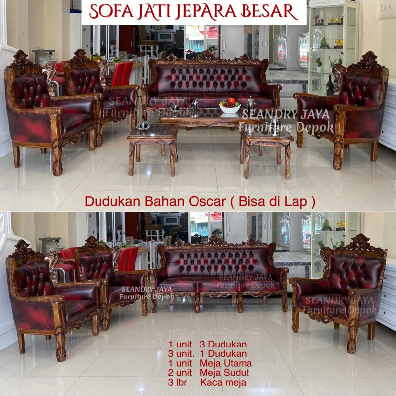 SOFA KAYU JATI JEPARA BESAR/UKIR/3111/SEANDRY JAYA Furniture Depok/2L/Kulit oscar/cinere/sawangan/pa