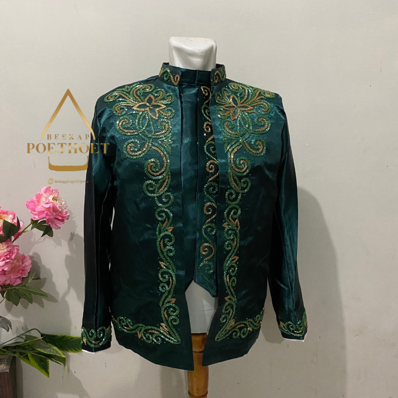 Jas pengantin pria payet / basofi sunda hijau botol gold / baju nikah muslim set celana dan peci