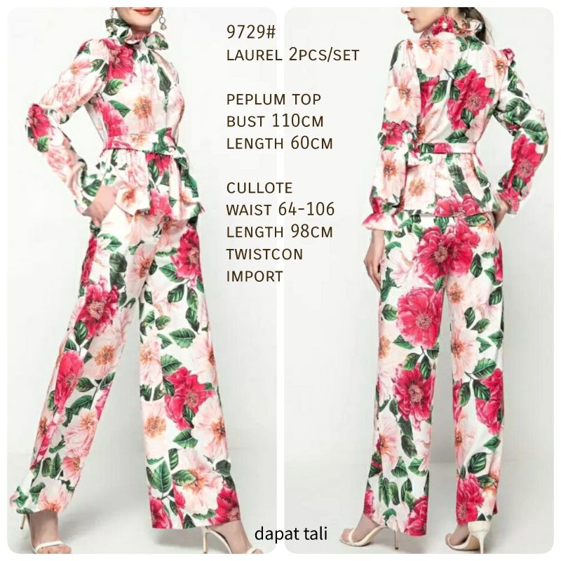 9729 Set2in1 Baju atasan blouse set celana panjang kulot motif bunga floral Korea Korean style wanit