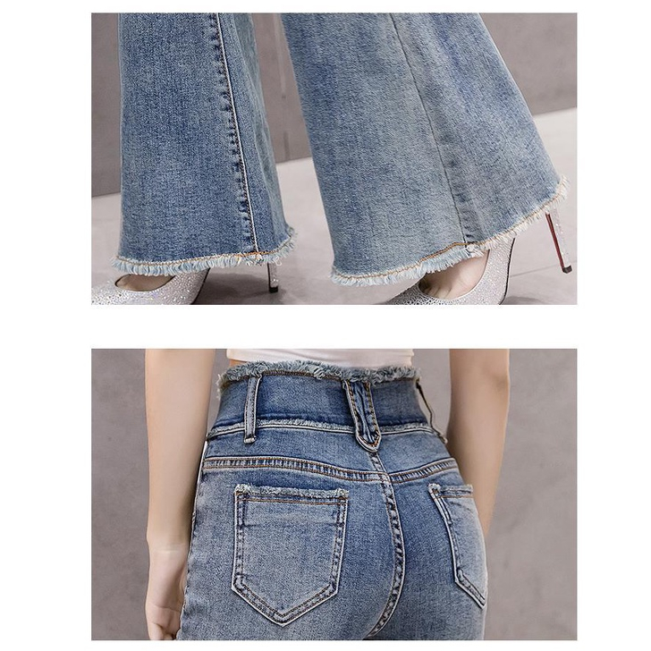 Gaya baru jeans pinggang tinggi wanita ramping celana lebar kaki（Ukurannya kecil, silakan konsultasikan dulu）