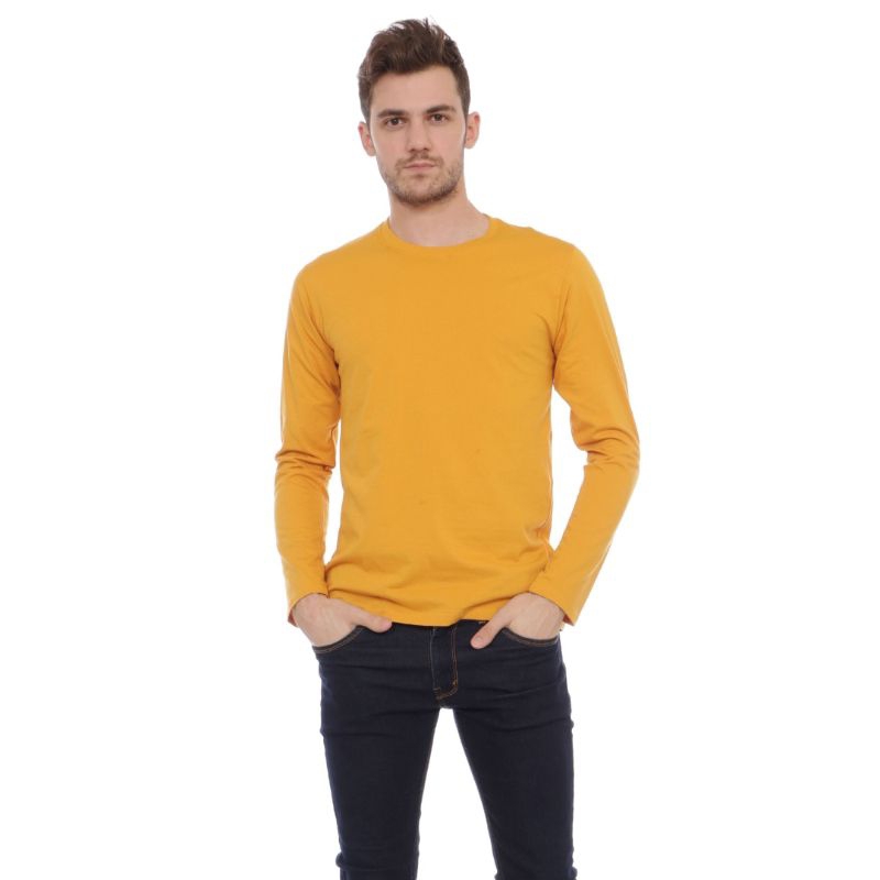KAOS POLOS LENGAN PANJANG LONG SLEEVE T-SHIRT MUSTARD KUNING KUNYIT PRIA COWOK PREMIUM DISTRO JUMBO 