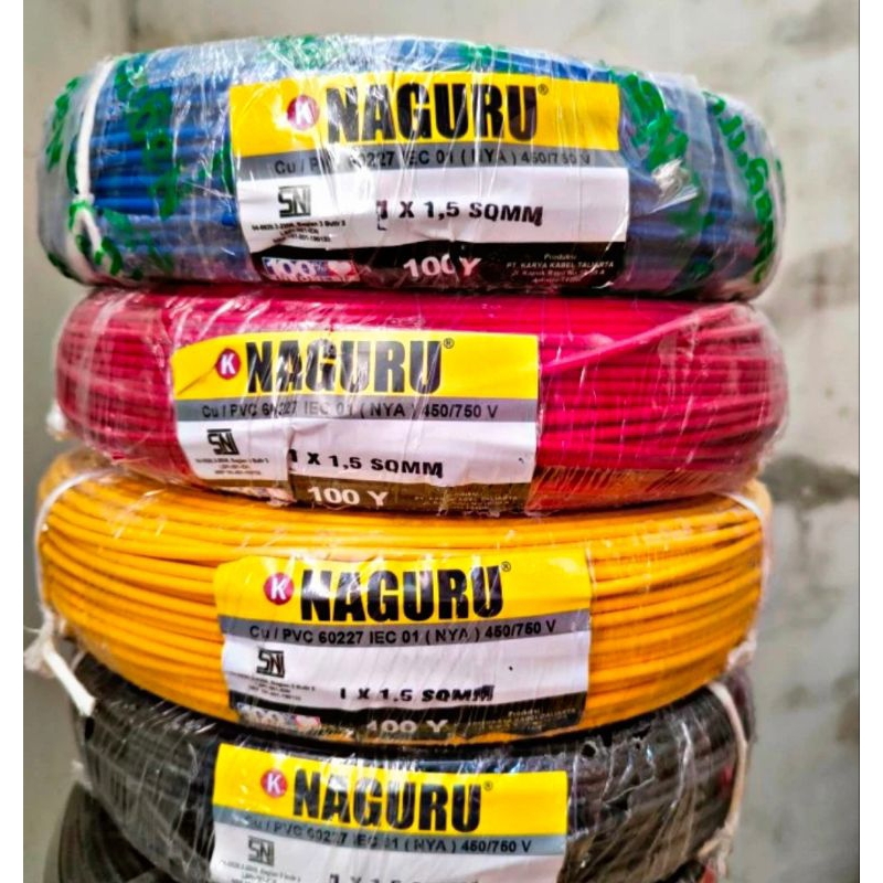( 1 Roll = 100yard  ) Kabel NAGURU NYA 1 x 1,5MM Warna Hitam Biru Kuning Merah / Kabel Tunggal / Pejal / Engkel / Lidi / Tembaga Kawat Original