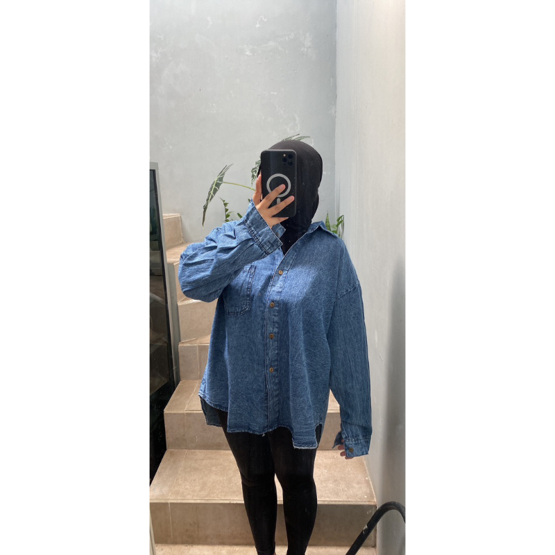 Cloe Kemeja Oversize Jeans Korean Style Kemeja Big Size Jumbo LD 130cm