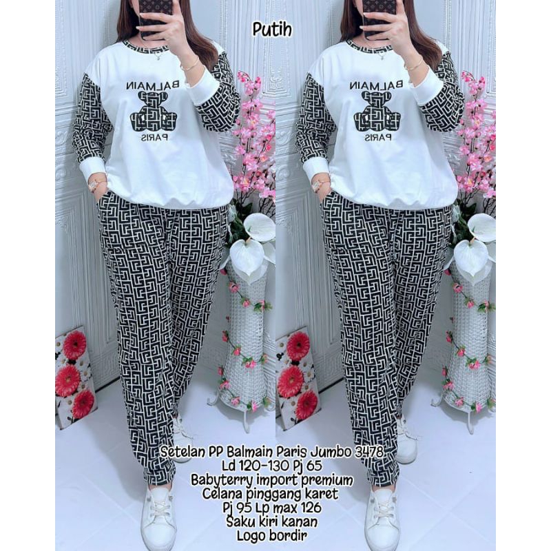 SETELAN PP WANITA JUMBO LOGO BORDIR BALMAIN 3478