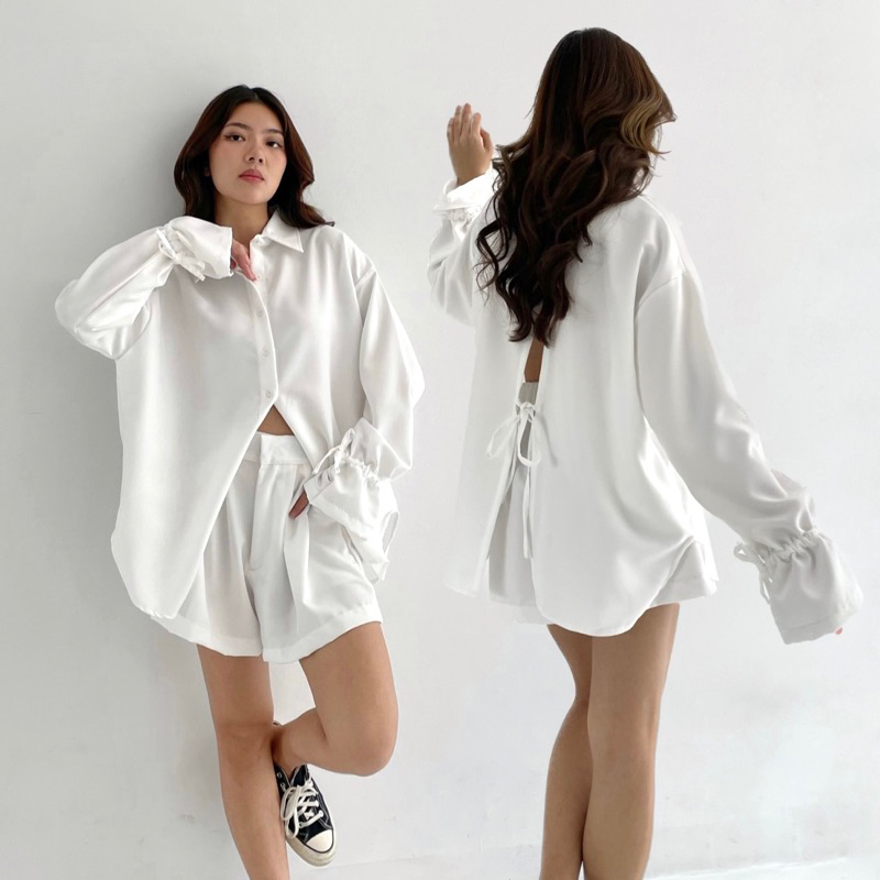 VENICE SET | Set Kemeja Wanita Panjang Setelan Celana Pendek Highwaist Short Oversized Korean Outer Shirt