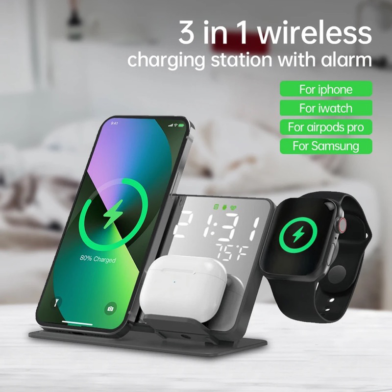 ELAVO jam digital LED wireless charger Quick charging dock Earbuds Galaxy watch Samsung Jam Apple watch 4 5 7 8 handphone iphone X XR 11 12 13 14 pro max airpods pro hp