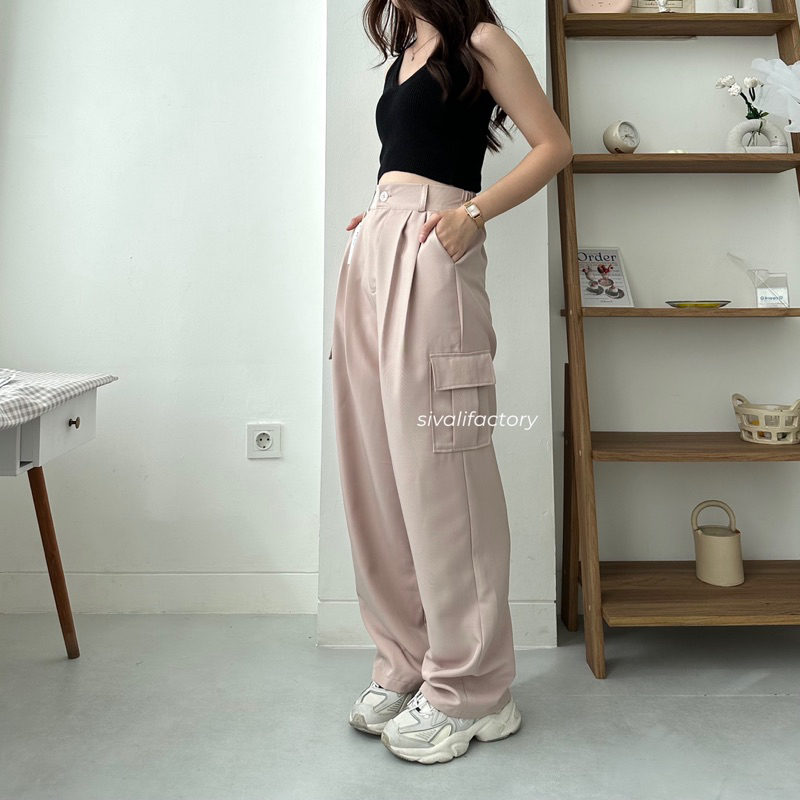 SIVALI Zoya Cargo Pants - Highwaist Loose Cargo - Celana Kargo Wanita - Baggy Pants