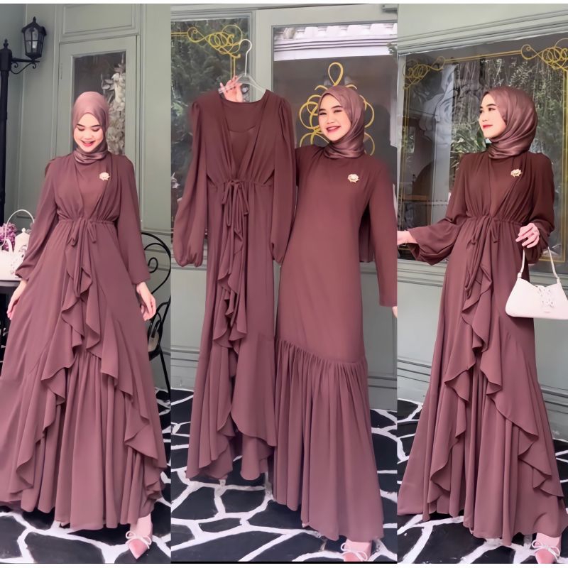 AIRIN SET OUTER CERUTY BABYDOLL/FASHION MUSLIM WANITA KEKINIAN/GAMIS LEBARAN CERUTY TERLARIS/DRESS KONDANGAN/GAMIS POLOS/FAR MOSLEMSTORE