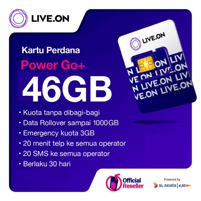 Kartu Perdana Live.On By XL Axiata Power go+ 46GB atau 51GB 30 Hari Liveon Live On