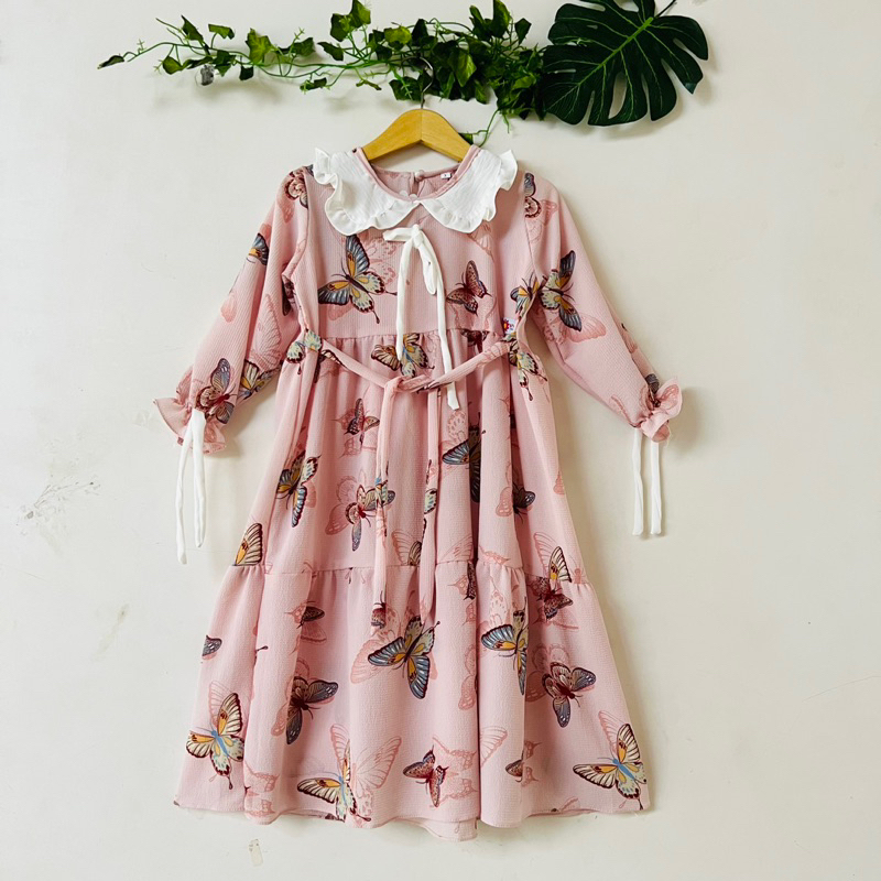 Gamis Anak 2 3 4 5 tahun bubblecrepe crepe motif kupu kupu mayung canda rempel tumpuk hitam biru cream dusty pink( Gamis Butterfly )