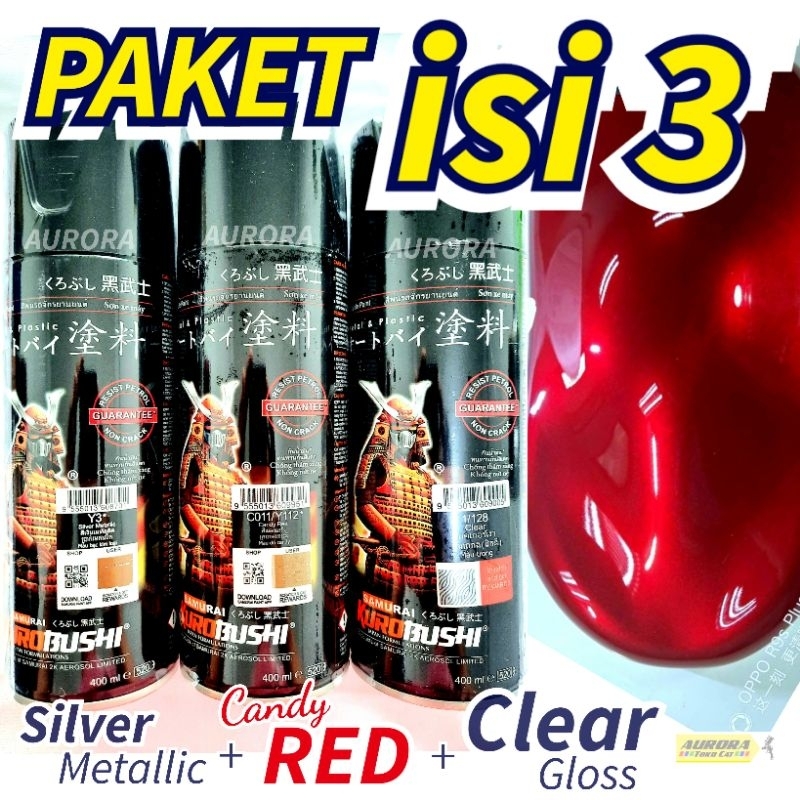 PAKET Samurai Paint Silver Metallic + Candy Tone Red Merah Maroon Maron Marun + Clear Gloss Pernis M