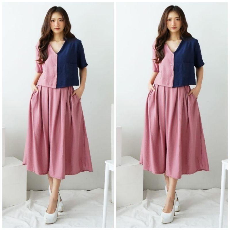 ♡ PREMIUM ♡ REAL PIC ! CLAUDINE TWO TONE 2 IN 1 SET BUTTON BLOUSE WITH MIDI SKIRT / SETELAN ATASAN &amp; ROK SELUTUT