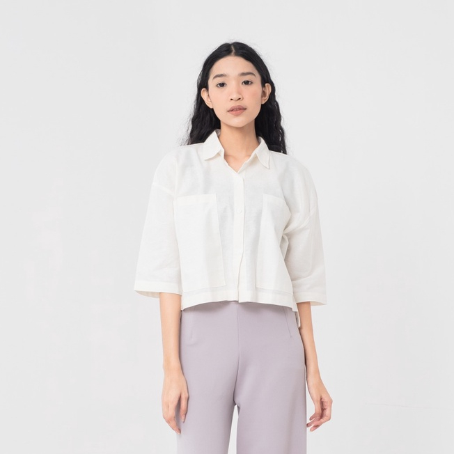 Rumah Polos Kemeja Crop Linen Pocket - Oversized Shirt Linen - Outer Crop Linen - Atasan Wanita