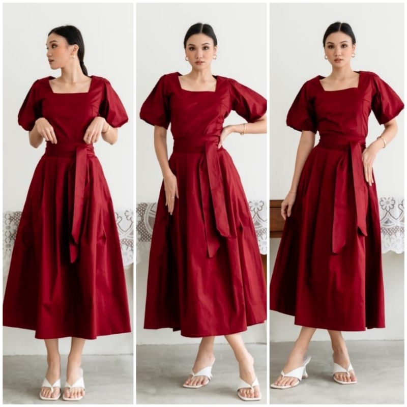 ♡ PREMIUM ♡ ORIGINAL ! ALLEANDRA 3 IN 1 PLAIN  SET SQUARE NECK PUFF SLEEVE BLOUSE WITH MIDI  FLARE SKIRT + OBI BELT