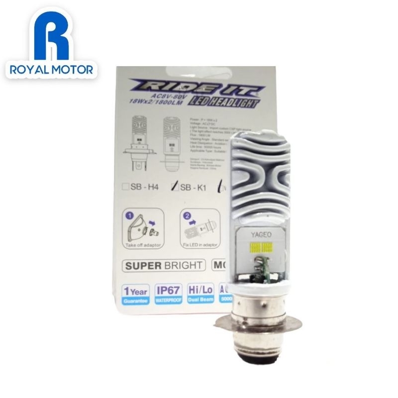 LAMPU LED MOTOR RIDE IT H6 / H4 AC DC 18 WATT SUPER BRIGHT DOP K1 UNTUK MOTOR BEBEK / MATIC