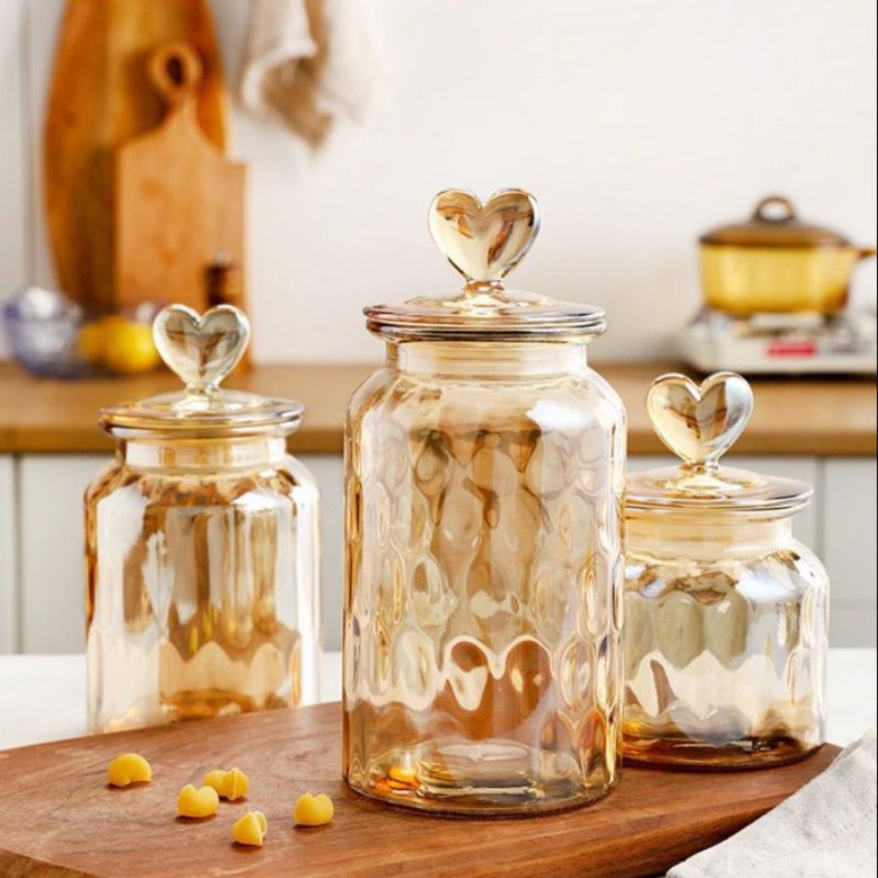 Toples Kaca Kue kering/Glass Candy Jar Love Shaped Lid Cover/Toples Kaca Love