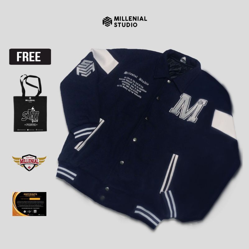 MILLENIAL Varsity Jacket Real Action Navy Varsity Kerah Bahan Fleece Bordir Original Jaket Varsity B