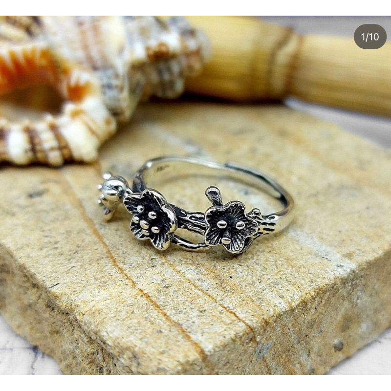 cincin perak wanita motif bunga 925 sterling silver (free size)