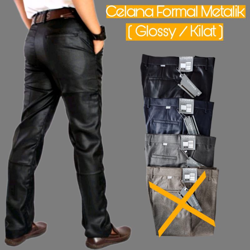 Celana bahan formal metalik Glossy