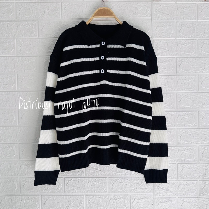 KEY KEY POLO SWEATER RAJUT KANCING MOTIP BLASTER STRIPE OVERSIZE ATASAN LENGAN PANJANG WANITA