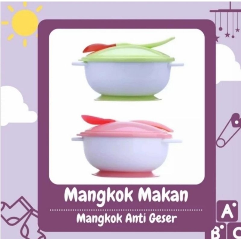 Mangkok Makan Bayi Anti Geser Lengkap dengan Tutup, Sendok