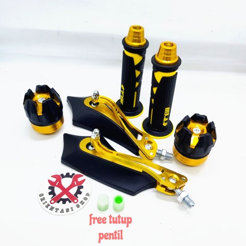 (Promo paket hemat) handgrip segitiga + jalu stang + spion batman + jalu as + free tutup pentil glow ini the dark universal motor honda dan yamaha