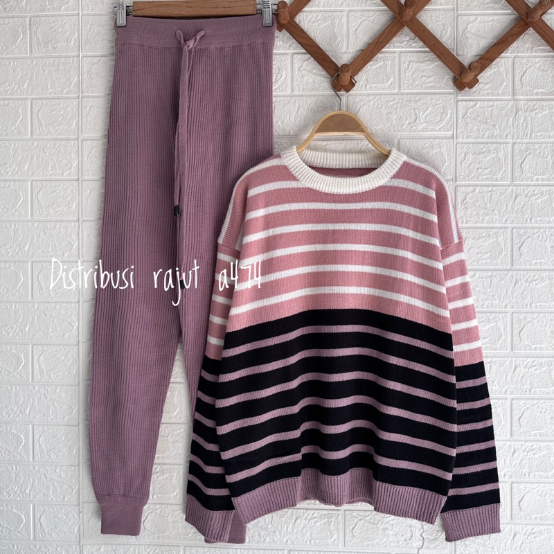 ONESET SWEATER TWIBY STRIPE SETELAN CELANA KULOT RAJUT DAN JOGER WANITA