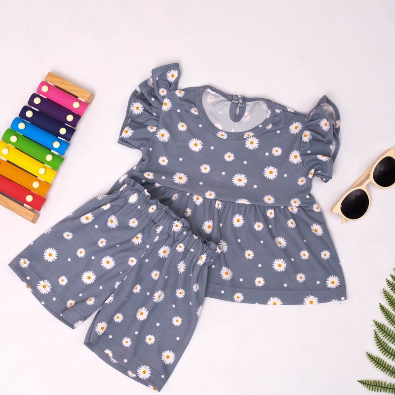 Setelan Anak Sonya Daisy Ruffle tee 1-3 tahun / Set Anak Daisy Blue Quin Short Sleeve