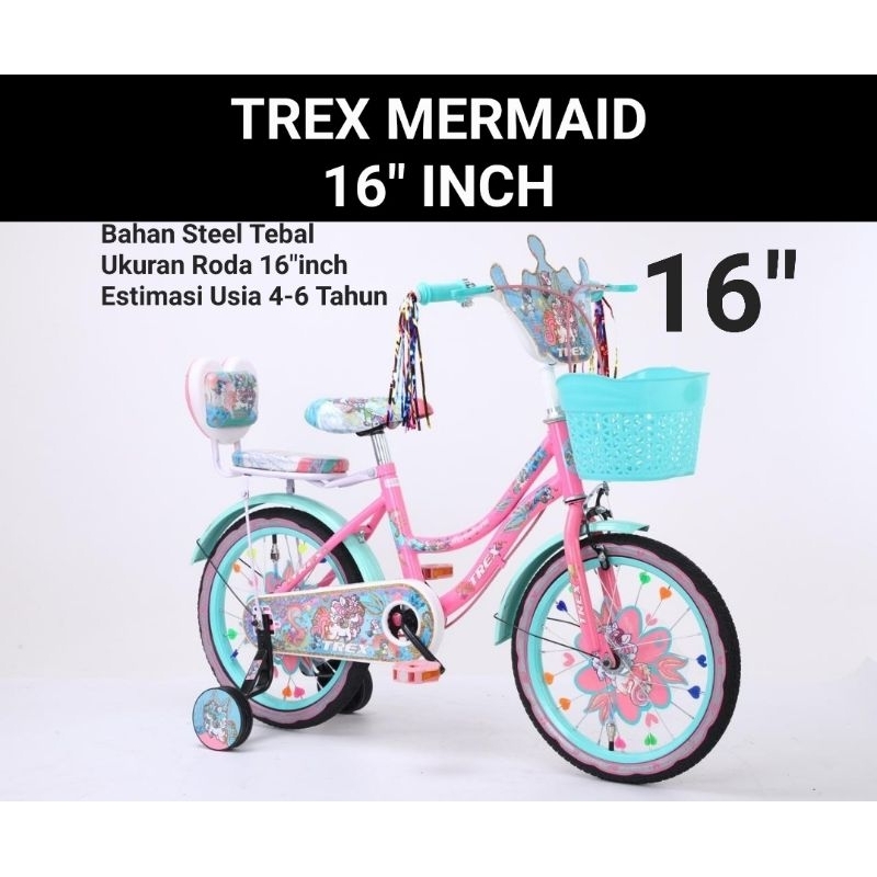 SEPEDA ANAK MINI KERANJANG TREX MERMAID 16 INCH USIA 4-6 TAHUN SEPEDA MINI ANAK 16INCH RODA BANTU RODA SAMPING