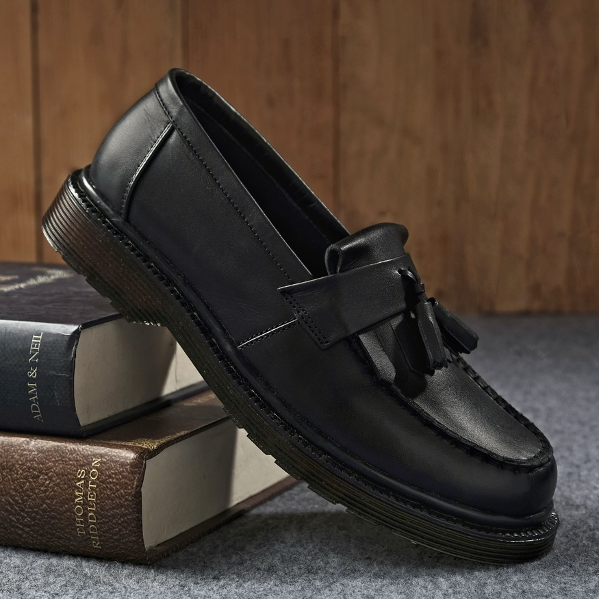 Gates Black Solid (Kulit Asli) - Sepatu Loafers Pria Casual Kulit Asli Formal Slip On Kerja Kuliah Loafer Kasual Original