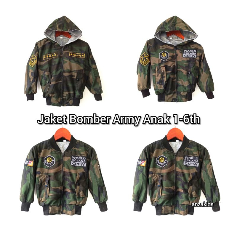 Jaket Bomber Army Anak 1-6th / Jaket Anak Unisex Laki-laki Perempuan / Jaket Bomber Kupluk Kerah