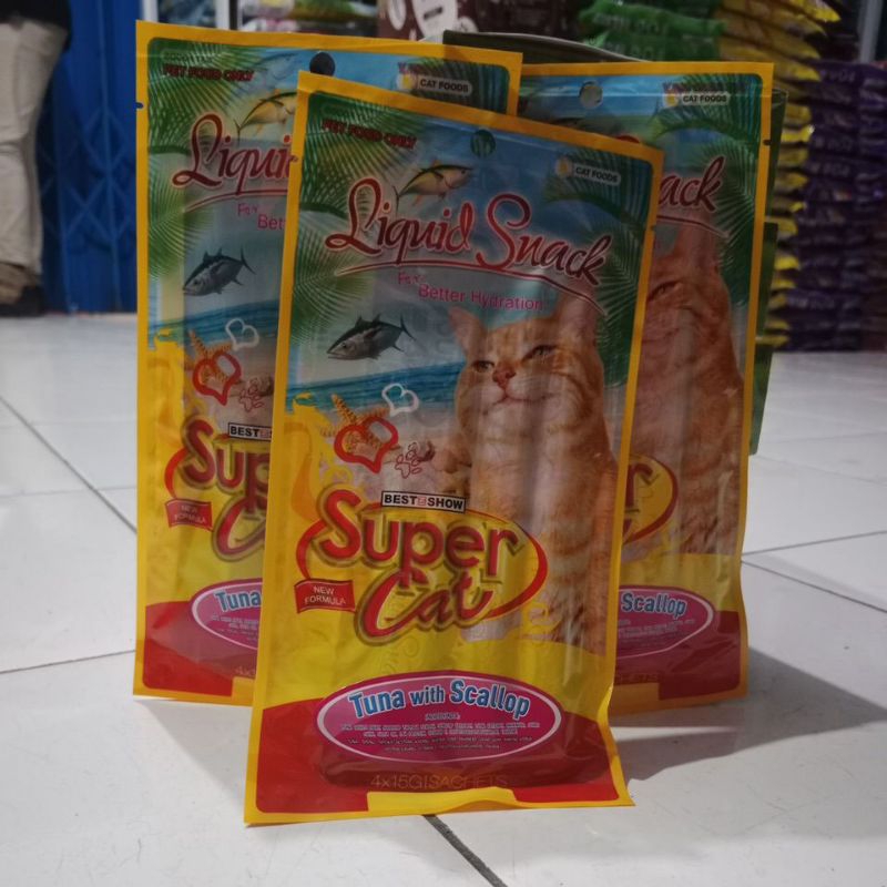 Super Cat Liquid Snack Tuna with scallop 15 x 4pcs- snak kucing