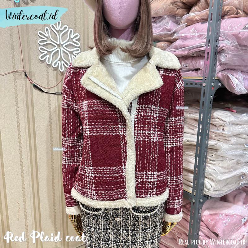 Fur coat wanita winter mantel bulu import hangat cewek rere red plaid jacket musim dingin