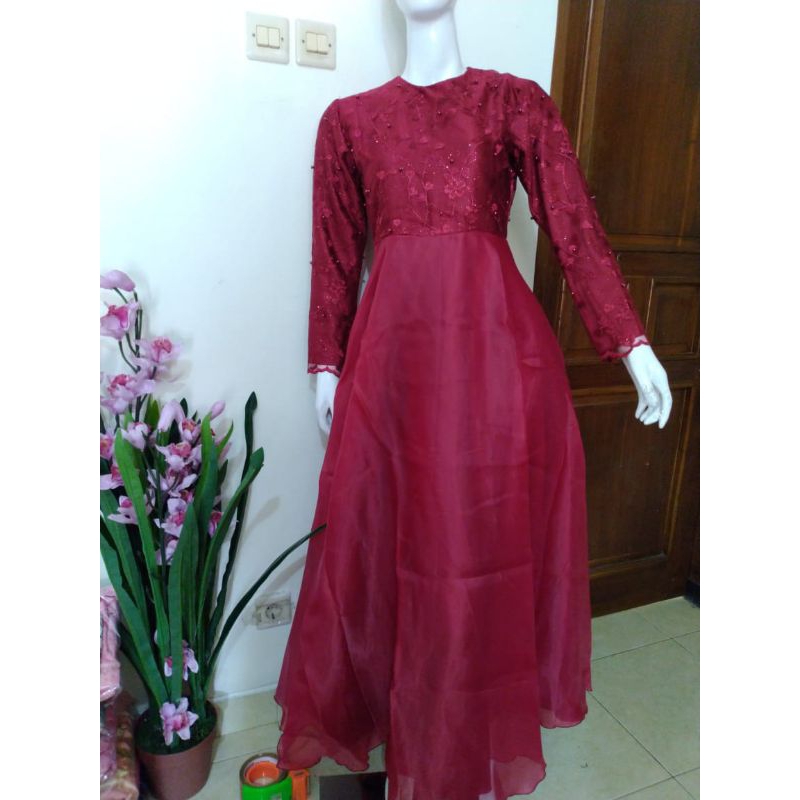 Gamis panjang busana muslim lebaran modern cantik merah maroon realpict