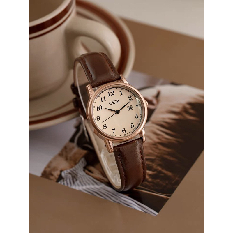 Jam tangan wanita tanggal aktif GEDI CLASSIC tali kulit coklat asli Import -KOOLEY