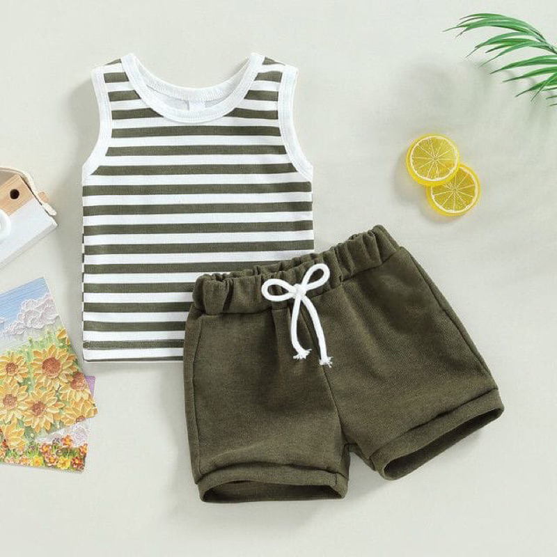 Setelan Anak Army Salur Casual Todler Anak 1-3 Tahun / Set Anak Laki Laki