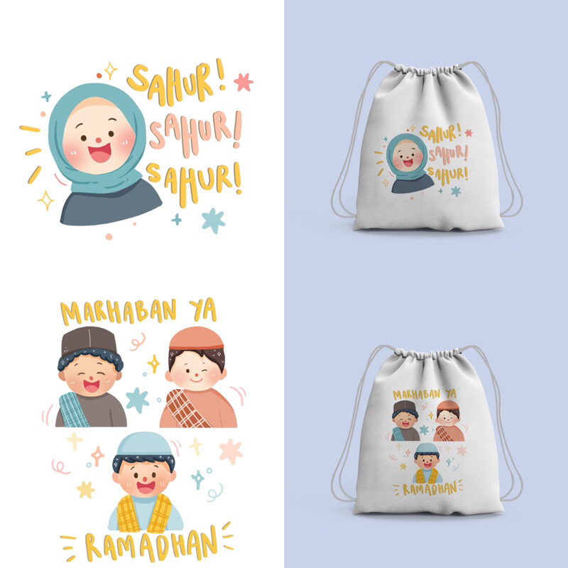 Tas serut atau String Bag dan Tote Bag Bergambar Tulisan Ramadhan Hampers // Eid Mubarak // Kpop//Lebaran Edition