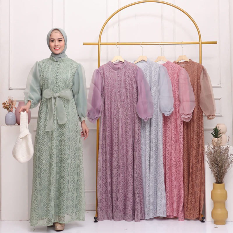 GAMIS LEBARAN BRUKAT TANGAN BALON ORGANZA CLARISA MEWAH MUSLIMAH ACARA PESTA GROSIR MURAH MODELLANO