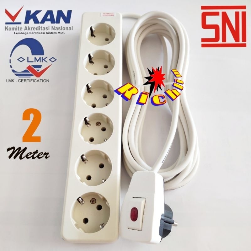 Stop Kontak Uticon 6 Lubang Terminal Kuningan / Steker Lampu / Kabel 2 Meter / Stopkontak Rakitan