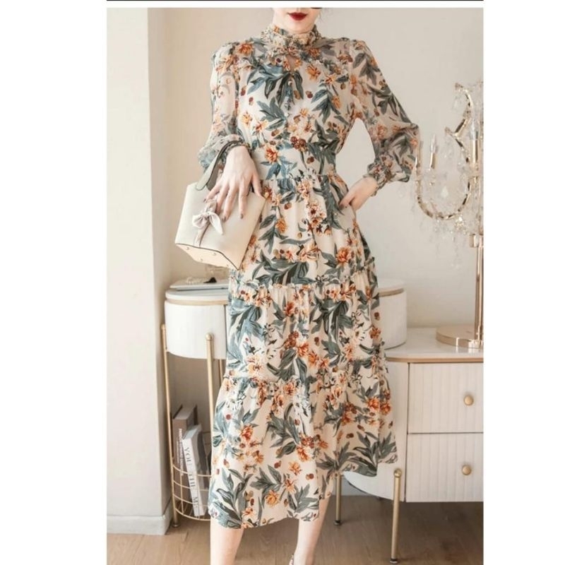12350 Baju Mididress Midi dress bunga FLORAL lengan panjang dres Korea Korean style creme navy vinta