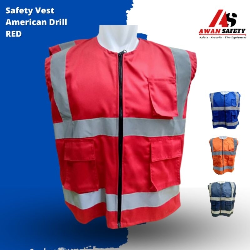 Rompi Safety Proyek K3 Merah Pria Resleting Bahan Kain Drill 2 kantong termasuk Logo K3 dan Bendera