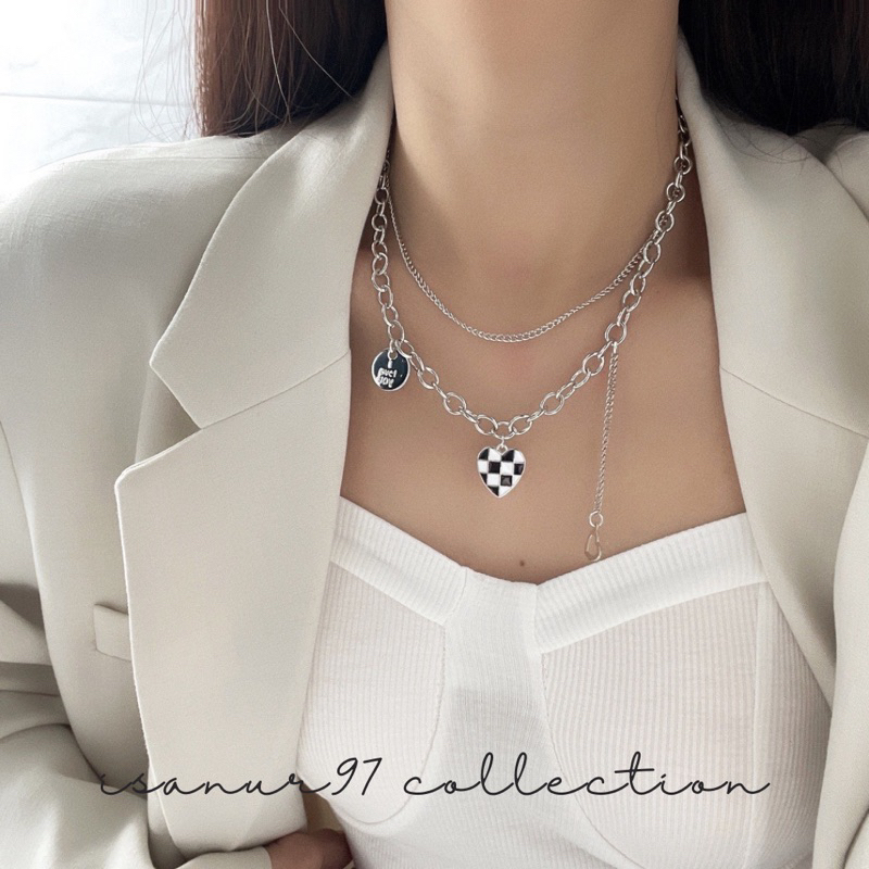 ISANUR97 | Kalung Titanium Love Mosaik Mozaik Kalung Rantai Wanita Pria Korea Liontin Hip Hop Anti Karat Dan Luntur Mewah Multi-layer Retro